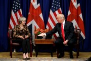 U.S. President Donald Trump reaches out to shake hands with British Prime Minister Theresa May during the U.N. General Assembly, New York, Sept. 20, 2017 (AP photo by Evan Vucci).