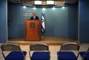 Israeli Prime Minister Benjamin Netanyahu gives a press conference at his office, Jerusalem, Nov. 14, 2015 (AP photo by Tsafrir Abayov).