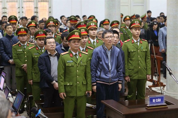 Trinh Xuan Thanh, the former chairman of a construction arm of state energy giant PetroVietnam, appears in court, Hanoi, Vietnam, Jan. 8, 2018 (Vietnam News Agency photo by Doan Tan via AP).
