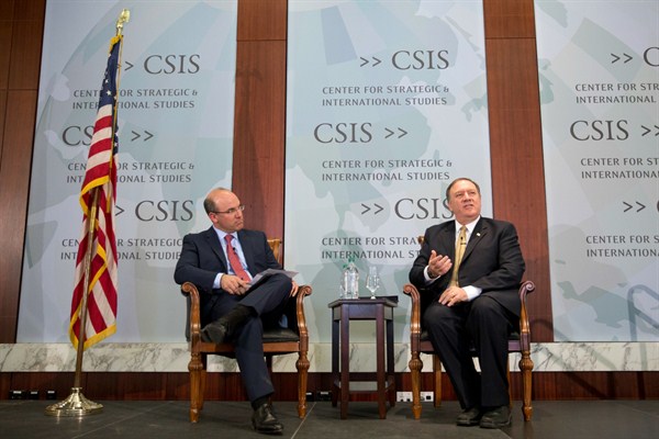 CIA Director Mike Pompeo, right, answers question while speaking at the Center for Strategic and International Studies, Washington, April 13, 2017 (AP photo by Pablo Martinez Monsivais).