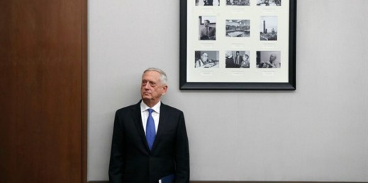 U.S. Defense Secretary James Mattis listens to his introduction before speaking about the National Defense Strategy, Jan. 19, 2018, Washington (AP photo by Jacquelyn Martin).