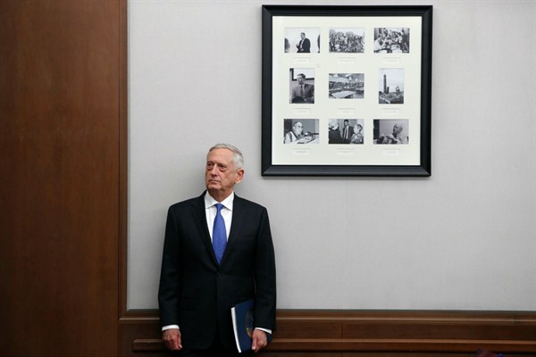 U.S. Defense Secretary James Mattis listens to his introduction before speaking about the National Defense Strategy, Jan. 19, 2018, Washington (AP photo by Jacquelyn Martin).