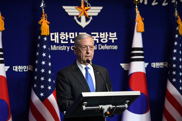 U.S. Secretary of Defense Jim Mattis speaks during a press conference with South Korean Defense Minister Song Young-moo, Seoul, South Korea, Oct. 28, 2017 (Pool photo via AP by Jung Yeon-Je).