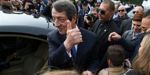 Cyprus’ president, Nicos Anastasiades, gestures to supporters after voting in the recent election, Limassol, Cyprus, Feb. 4, 2018 (AP photo by Petros Karadjias).