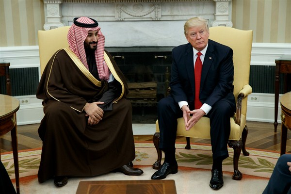U.S. President Donald Trump meets with Mohammed bin Salman, who was Saudi Arabia’s deputy crown prince at the time, at the White House, Washington, March 14, 2017 (AP photo by Evan Vucci).