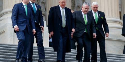 President Donald Trump and other U.S. leaders walk down the steps of the Capitol building after a luncheon with Irish Prime Minister Leo Varadkar, second from right, Washington, March 15, 2018 (AP photo by Evan Vucci).