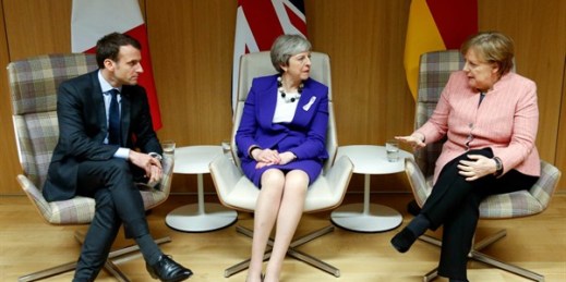 French President Emmanuel Macron, British Prime Minister Theresa May and German Chancellor Angela Merkel meet on the sidelines of an EU summit, Brussels, March 22, 2018 (Pool photo via AP by Francois Lenoir).
