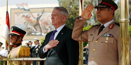 U.S. Defense Secretary James Mattis and Egyptian Central Military Zone Commander Gen. Ayman Abdel Hamid Amer stand for the U.S. national anthem, Cairo, Egypt, April 20, 2017 (Pool photo by Jonathan Ernst).