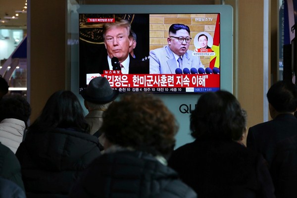 A TV screen at the Seoul Railway Station shows North Korean leader Kim Jong Un and U.S. President Donald Trump, Seoul, South Korea, March 9, 2018 (AP photo by Ahn Young-joon).