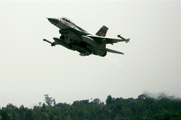 An Israeli F-16 warplane takes off for a mission from an air force base in southern Israel, July 23, 2006 (AP photo by Ariel Schalit).
