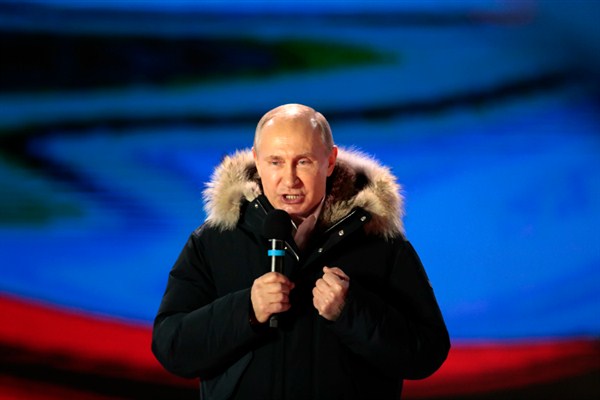 Russian President Vladimir Putin speaks during an election rally near the Kremlin, Moscow, March 18, 2018 (AP photo by Denis Tyrin).