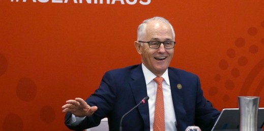 Australian Prime Minister Malcolm Turnbull addresses delegates during an emerging leaders roundtable at the ASEAN special summit, Sydney, Australia, March 16, 2018 (AP photo by Rick Rycroft).