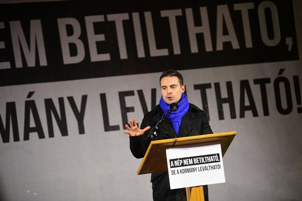 Gabor Vona, chairman of the opposition Jobbik party, delivers a speech during a protest, Budapest, Hungary, Dec. 15, 2017 (MTI photo by Zoltan Balogh via AP).