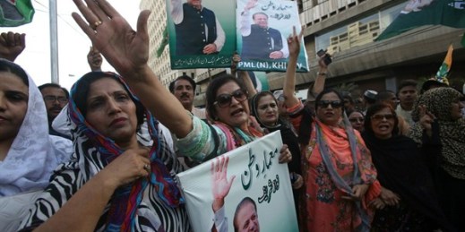 Supporters of Pakistan’s ousted prime minister, Nawaz Sharif, attend a rally in Karachi, Pakistan, Feb. 22, 2018 (AP photo by Fareed Khan).