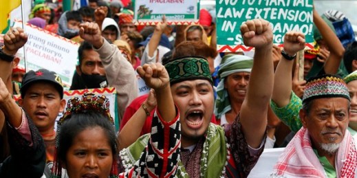 Muslims from Marawi and other Filipinos march to protest the city’s siege and the martial law imposed by President Rodrigo Duterte in the southern Mindanao region, Manila, Aug. 31, 2017 (AP photo by Bullit Marquez).