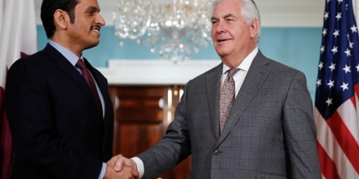 Recently fired Secretary of State Rex Tillerson with Qatari Foreign Minister Sheikh Mohammed bin Abdulrahman Al Thani before a meeting at the State Department, Washington, Nov. 20, 2017 (AP photo by Carolyn Kaster).