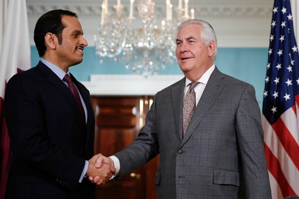 Recently fired Secretary of State Rex Tillerson with Qatari Foreign Minister Sheikh Mohammed bin Abdulrahman Al Thani before a meeting at the State Department, Washington, Nov. 20, 2017 (AP photo by Carolyn Kaster).