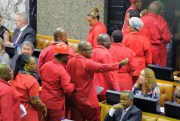 Members of South Africa’s opposition Economic Freedom Fighters party walk out of parlaiment in protest, Cape Town, South Africa, Feb 15, 2018 (AP photo by Rodger Bosch).