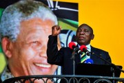 Cyril Ramaphosa, then serving as South Africa’s deputy president, delivers a speech marking the 28th anniversary of Nelson Mandela’s release from prison, Cape Town, South Africa, Feb. 11, 2018 (AP photo).