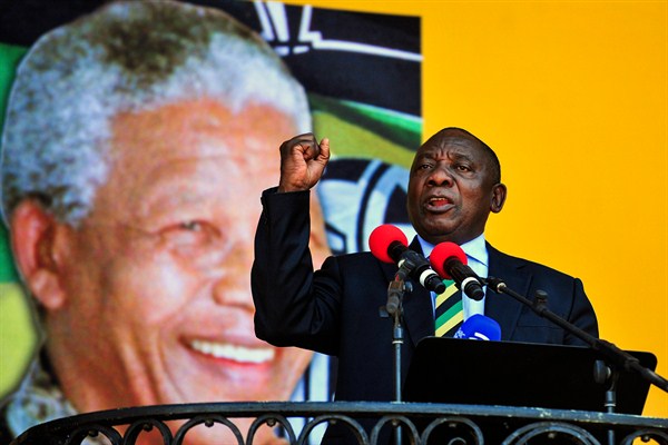 Cyril Ramaphosa, then serving as South Africa’s deputy president, delivers a speech marking the 28th anniversary of Nelson Mandela’s release from prison, Cape Town, South Africa, Feb. 11, 2018 (AP photo).