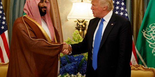 U.S. President Donald Trump shakes hands with Mohammed bin Salman one month before he was elevated to crown prince of Saudi Arabia, Riyadh, May 20, 2017 (AP photo by Evan Vucci).