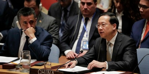 China’s ambassador to the United Nations, Ma Zhaoxu, speaks during a Security Council meeting at United Nations headquarters, New York, April 13, 2018 (AP photo by Julie Jacobson).