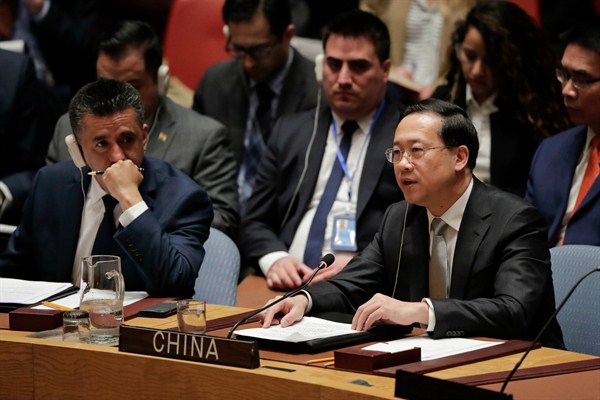 China’s ambassador to the United Nations, Ma Zhaoxu, speaks during a Security Council meeting at United Nations headquarters, New York, April 13, 2018 (AP photo by Julie Jacobson).