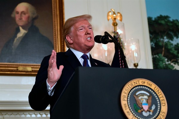President Donald Trump speaks in the Diplomatic Reception Room of the White House about the United States’ military response to Syria’s reported chemical weapons attack, Washington, April 13, 2018 (AP photo by Susan Walsh).