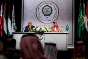 Ahmed Aboul-Gheit, the secretary-general of the Arab League, left, and Saudi Foreign Minister Adel al-Jubeir attend a press conference at the end of the Arab summit in Dhahran, Saudi Arabia, April 15, 2018 (AP photo by Amr Nabil).
