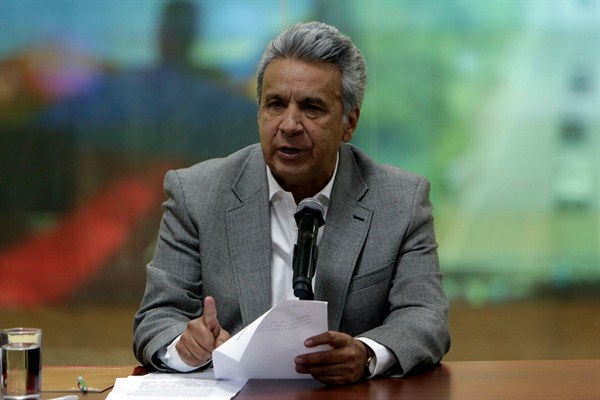 Ecuador’s President Lenin Moreno speaks during a press conference confirming the deaths of two journalists and their driver from the newspaper El Comercio, Quito, Ecuador, April 13, 2018 (AP photo by Dolores Ochoa).