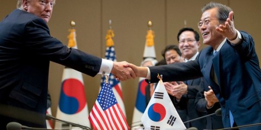 U.S. President Donald Trump and South Korean President Moon Jae-in shake hands during a bilateral meeting at the Blue House in Seoul, South Korea, Nov. 7, 2017 (AP photo by Andrew Harnik).