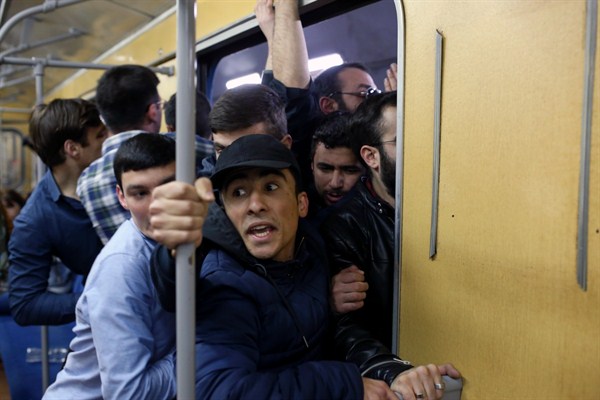 Opposition demonstrators block the entrance of an underground carriage during a protest against former Armenian President Serzh Sargsyan’s potential move to the prime minister’s seat, Yerevan, April 16, 2018 (PAN Photo via AP).
