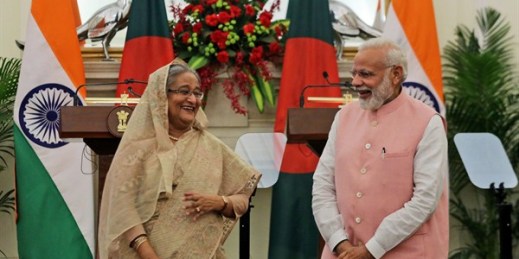 Indian Prime Minister Narendra Modi and his Bangladeshi counterpart Sheikh Hasina share a laugh after signing multiple agreements, New Delhi, India, April 8, 2017 (AP photo).