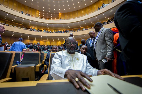 Liberian President George Weah at the opening ceremony of a summit meeting at the African Union, Addis Ababa, Ethiopia, Jan. 28, 2018 (AP photo by Mulugeta Ayene).