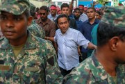 Maldivian President Yameen Abdul Gayoom, surrounded by his bodyguards, arrives to address his supporters in Male, Maldives, Feb. 3, 2018 (AP photo by Mohamed Sharuhaan).