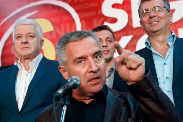 Montenegro's long-ruling Democratic Party of Socialists leader Milo Djukanovic speaks at his party headquarters, Podgorica, Montenegro, Oct. 17, 2016 (AP photo by Darko Vojinovic).
