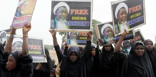 Nigerian Shiite Muslims protest to demand the release of Shiite leader Ibrahim Zakzaky, Cikatsere, Nigeria, April. 1, 2016 (AP photo by Sunday Alamba).