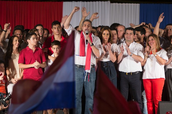 Paraguay’s president-elect, Mario Abdo Benitez, addresses supporters during victory celebrations at the headquarters of the Colorado Party, April 22, 2018 (AP photo by Jorge Saenz).
