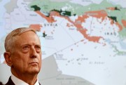 U.S. Defense Secretary Jim Mattis stands in front of a map of Syria and Iraq during a news conference at the Pentagon, May 19, 2017 (AP photo by Jacquelyn Martin).