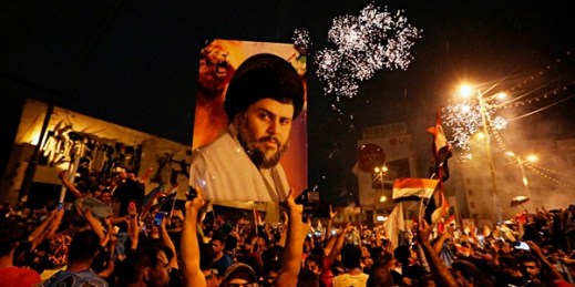 Supporters of Shiite cleric Muqtada al-Sadr celebrate in Tahrir Square, Baghdad, Iraq, May 14, 2018 (AP photo by Hadi Mizban).