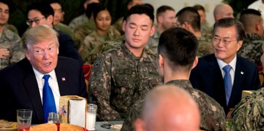 U.S. President Donald Trump and South Korean President Moon Jae-in have lunch with U.S. and South Korean troops at Camp Humphreys, Pyeongtaek, South Korea, Nov. 7, 2017 (AP photo by Andrew Harnik).