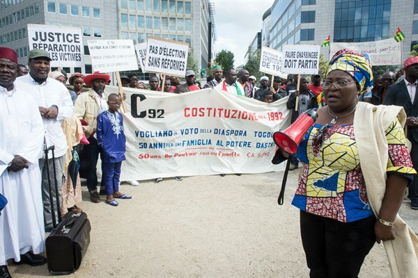 A protest by expatriate Togolese demanding democratic reforms and political change after half a century of rule by the Gnassingbe family, Brussels, Belgium, Aug. 31, 2017 (dpa photo by Wiktor Dabkowski via AP).