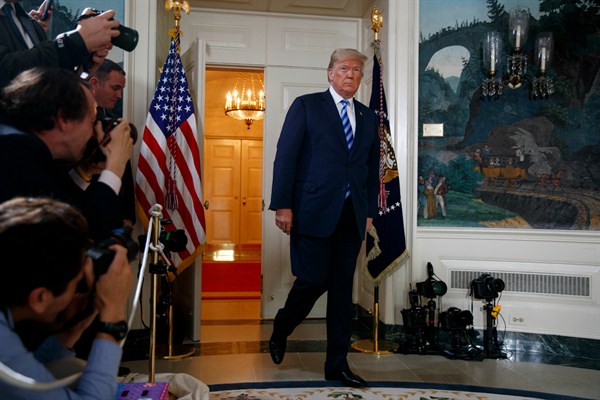 President Donald Trump before delivering a statement from the Diplomatic Reception Room of the White House withdrawing the U.S. from the Iran nuclear deal, Washington, May 8, 2018 (AP photo by Evan Vucci).