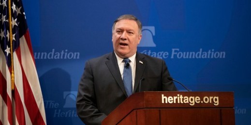 U.S. Secretary of State Mike Pompeo delivering a speech on Iran at the Heritage Foundation, Washington, May 21, 2018 (AP photo by J. Scott Applewhite).