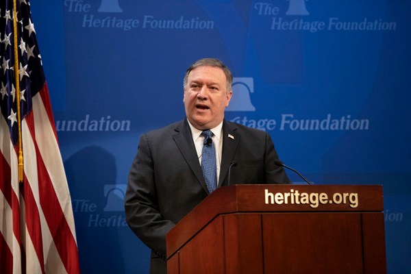 U.S. Secretary of State Mike Pompeo delivering a speech on Iran at the Heritage Foundation, Washington, May 21, 2018 (AP photo by J. Scott Applewhite).