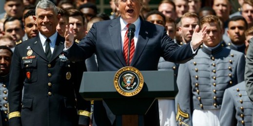President Donald Trump during a ceremony to present the Commander-in-Chief’s Trophy to the U.S. Military Academy football team in the Rose Garden of the White House, Washington, May 1, 2018 (AP photo by Evan Vucci).