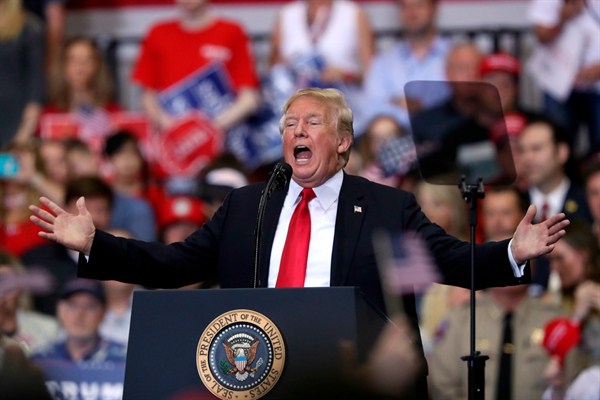 President Donald Trump speaks at a rally at the Nashville Municipal Auditorium, Nashville, Tenn., May 29, 2018 (AP photo by Andrew Harnik).
