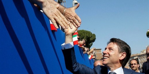 Italian Prime Minister Giuseppe Conte is cheered during celebrations for Italy’s Republic Day, Rome, June 2, 2018 (Fabio Frustaci for ANSA via AP).