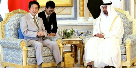Japanese Prime Minister Shinzo Abe and Sheikh Mohammed bin Zayed Al Nahyan, the crown prince of Abu Dhabi, hold talks, United Arab Emirates, April 30, 2018 (Kyodo photo via AP).