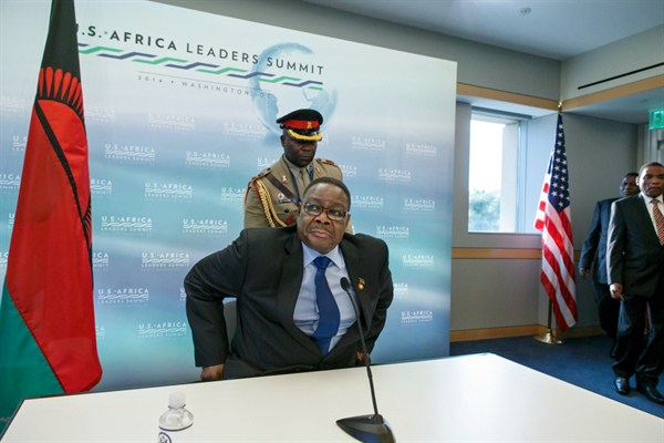 Malawi’s president, Peter Mutharika, at a news conference during the U.S.-Africa Summit at the Institute of Peace in Washington, Aug. 6, 2014 (AP photo by J. Scott Applewhite).